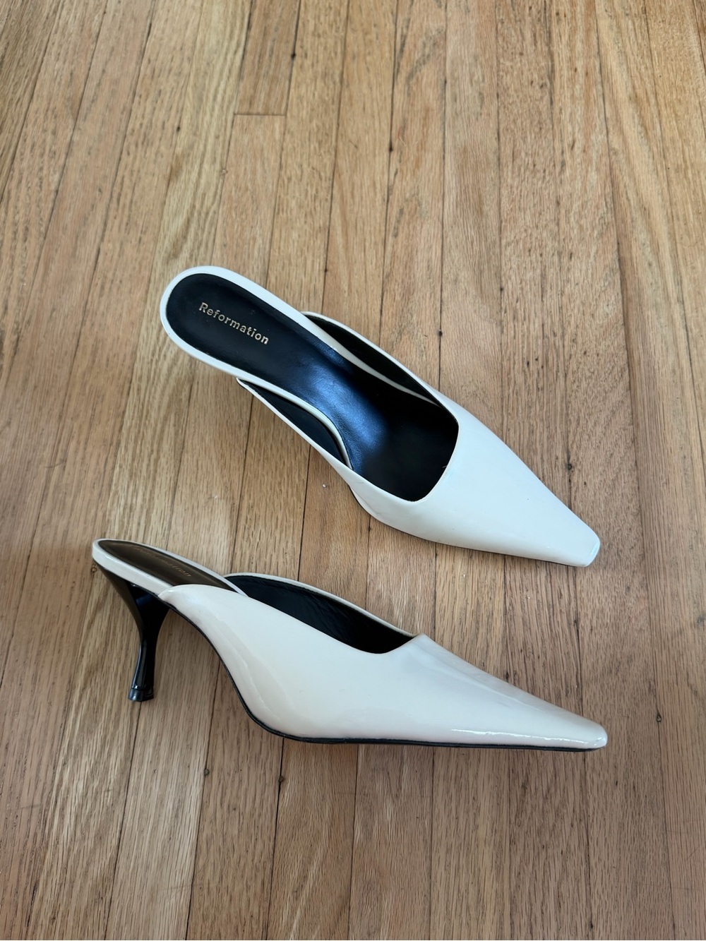 Reformation Cream Patent Mule Heels